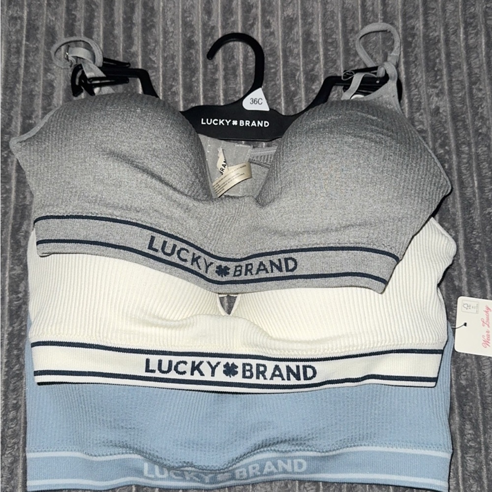 Lucky Brand Tri-Tone Ribbed Bralette Stack — Gray, White & Light Blue